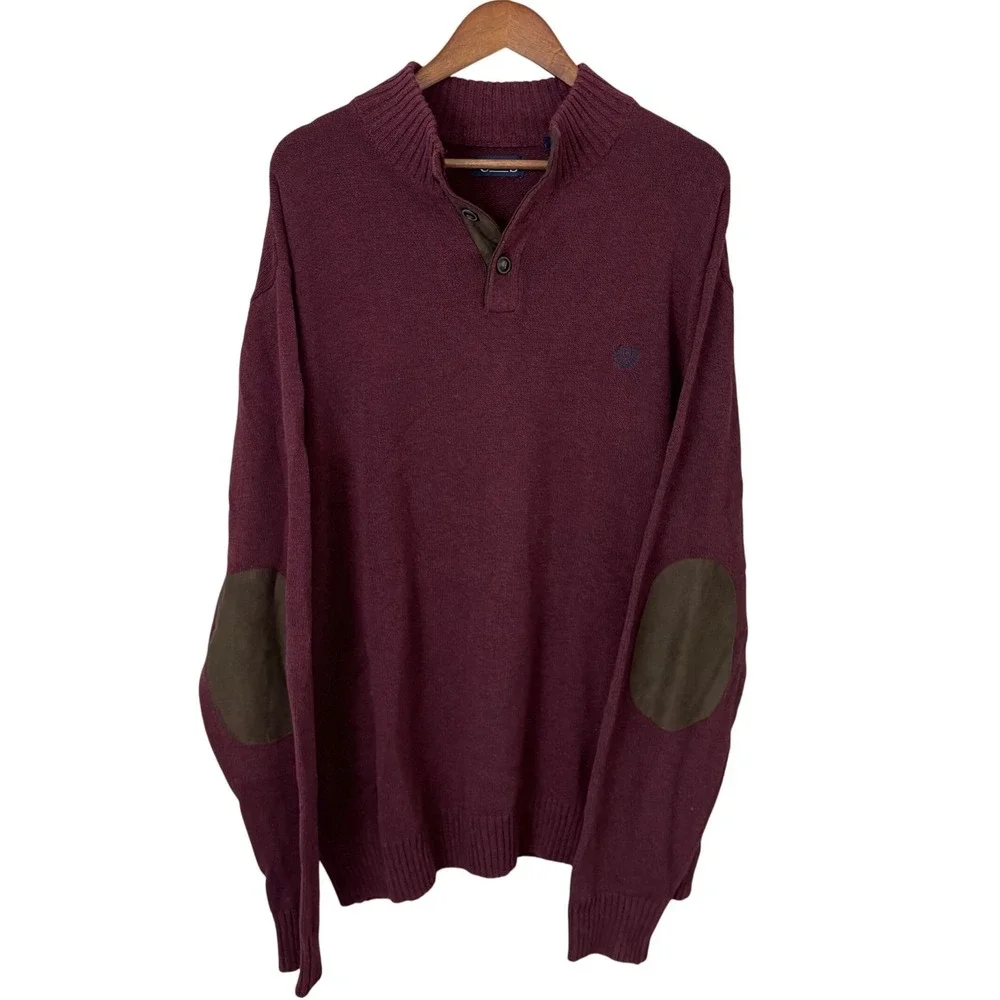 Chaps Mens Sweater Maroon Y2K Vintage 1/4 Button Pullover Elbow‎ Patch Suede 2XL